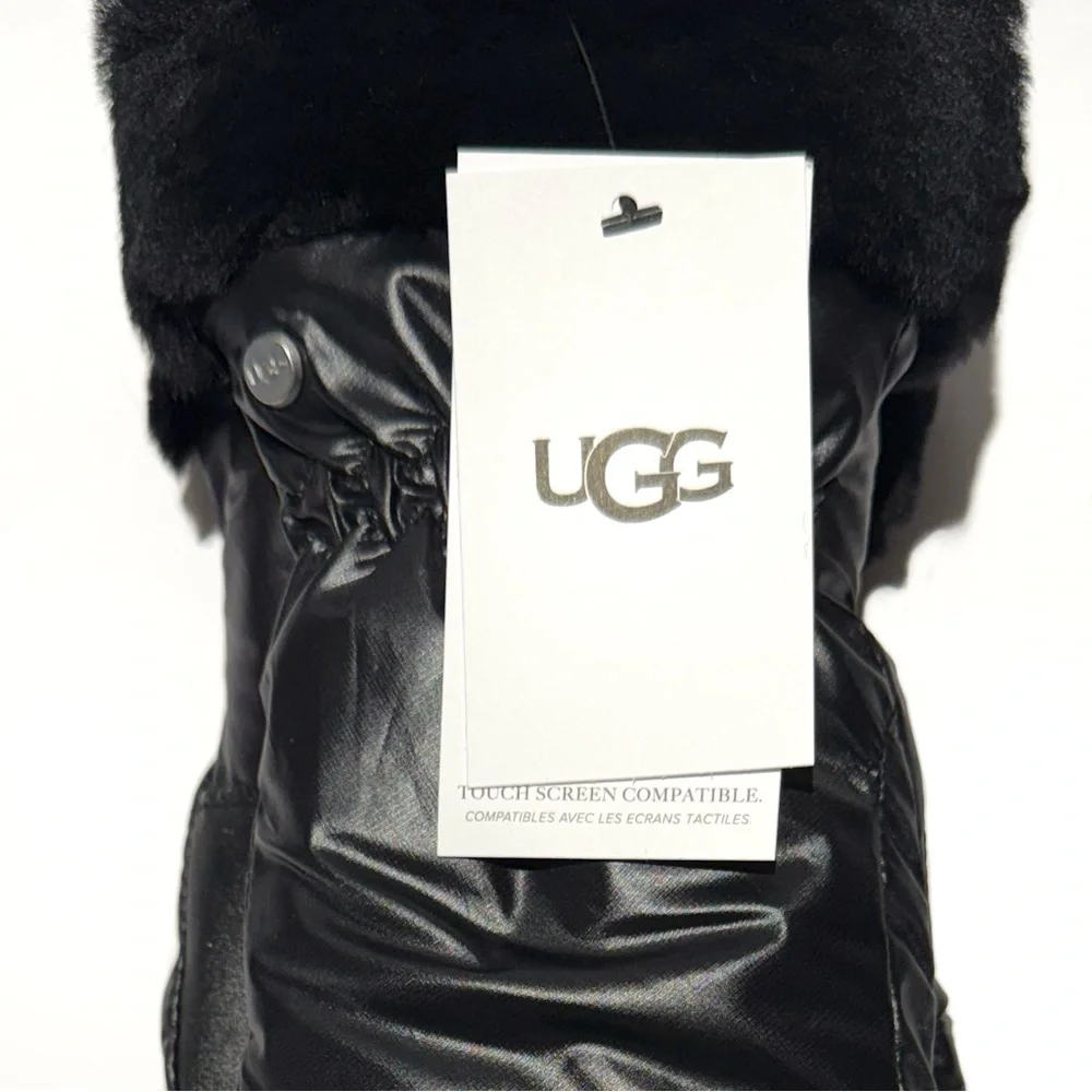 UGG Black Shearling-Trim Touchscreen Leather Gloves NWT